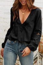 Black Deep V Neck Crochet Hollow-out Blouse