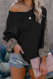 Black Leopard Splicing Waffle Knit Blouse