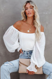 White Solid Swiss Dot Ribbed Puff Sleeve Bodysuit