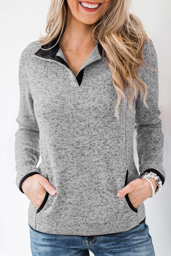 Gray Heathered Turn-down Collar Pullover Sweatshirt