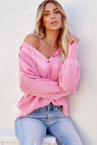 Pink Henley V Neck Hooded Sweater