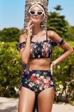 Blue Off-the-shoulder Printed Smocked High Waist Bikini