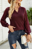 Lace Crochet Sleeves V Neck Waffle Knit Top