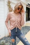 Waffle Knit Drawstring Ruched Long Sleeves Crop Top