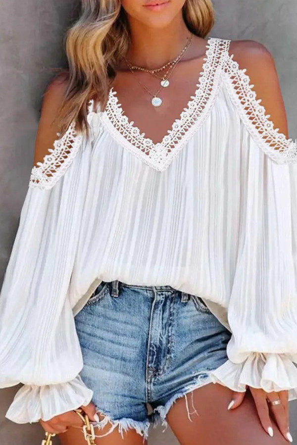 White Lace Crochet Splicing Cold Shoulder V Neck Blouse