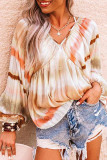 Khaki Tie-dyed V Neck Bubble Sleeve Babydoll Top