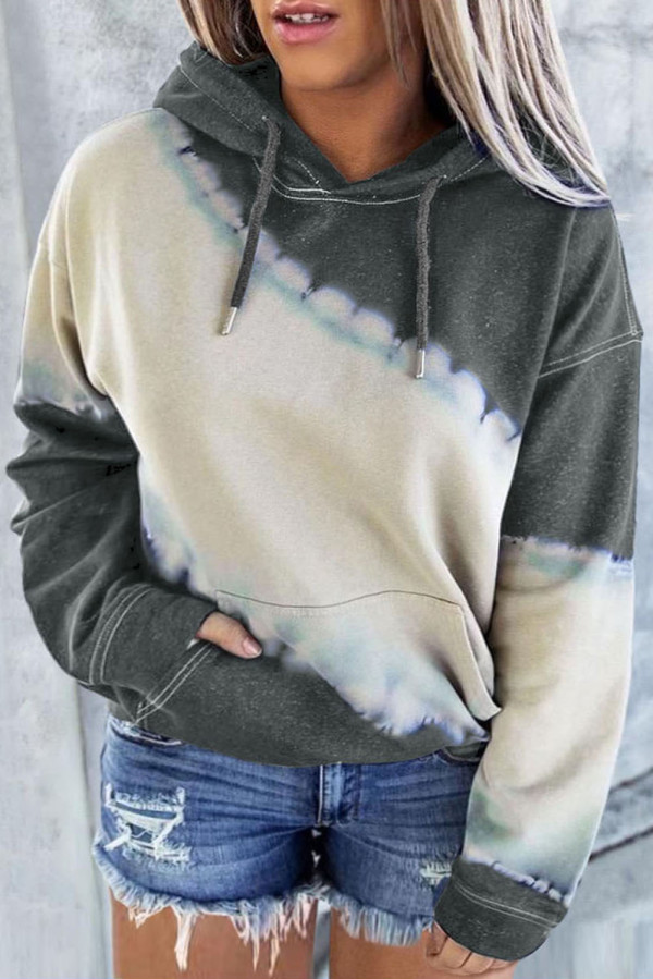 Gray Tie Dyed Color Block Plus Size Hoodie