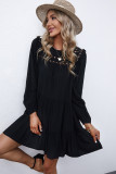 Black Crewneck Lantern Sleeve Hollow-Out Tiered Dress with Pocket