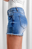 Sky Blue Ripped Tasseled Hem Buttons Jean Shorts