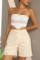 Plain Crossover Waist Mid Length Denim Shorts
