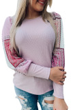 Pink Tribal Pattern Patchwork Waffle Knit Long Sleeve Top