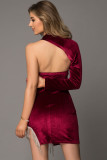 Burgundy Fringe One Shoulder Long Sleeve Mini Dress