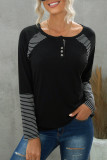 Black Casual Striped Color-Block Crew Neck Shirt