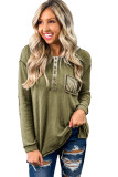 Green Waffle Elbow Patch Buttoned Long Sleeve Top