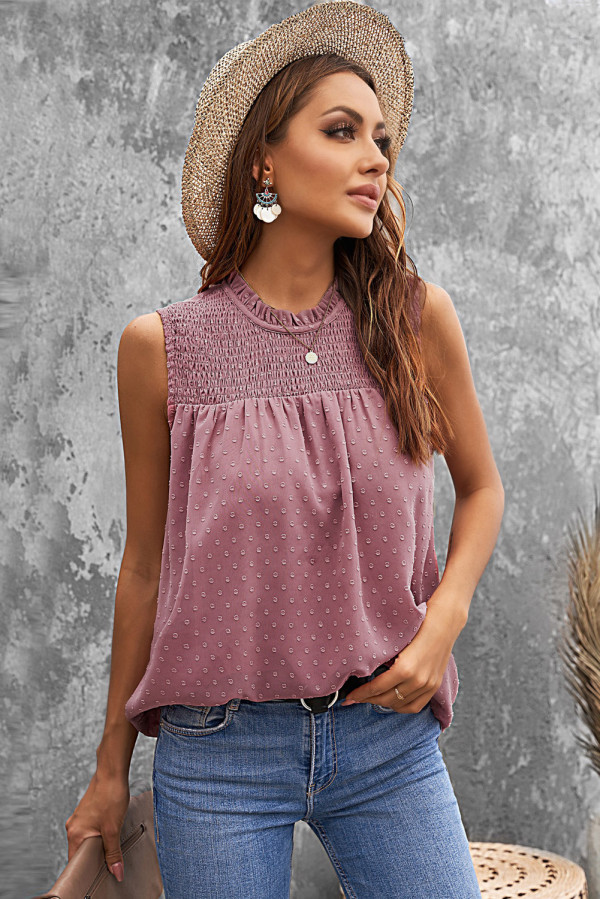 Swiss Dot Smocked Crew Neck Tank