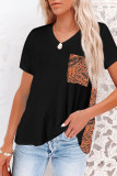 Black Women's Casual Printed Splicing Pullover Pocket T-shirt