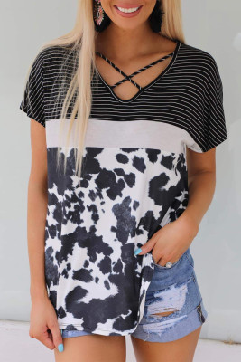 Striped Cow Print Color Block Criss Cross Short Sleeve T-shirt