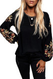 Black Floral Embroidery Long Sleeve Top