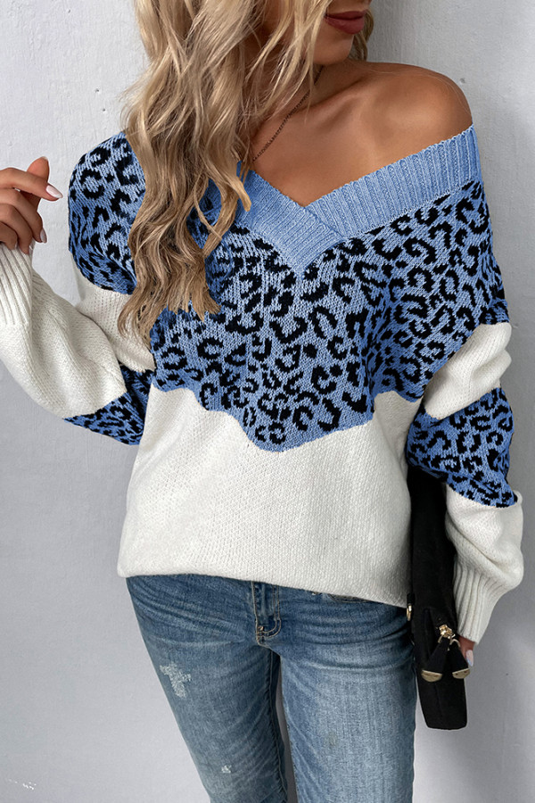 Leopard Splicing V Neck Long Sleeve Knit Sweater