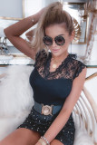 Black Lace Splicing V Neck Ribbed Sleeveless Top