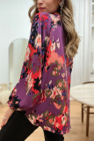 Purple Graffiti Printed V Neck Puff Sleeve Blouse