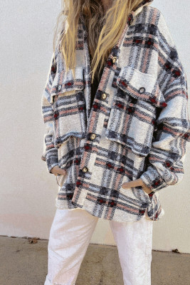 Plaid Pockets Open Button Oversize Jackets
