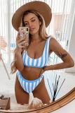 Sky Blue Athletic Striped Tank High Waist Bikini