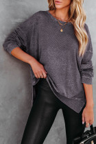 Gray Waffle Knit Side Slit Pullover Top