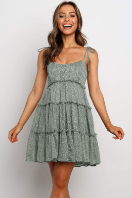 Green A-line Layered Ruffled Floral Dress