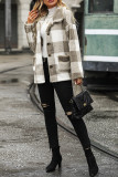 Lapel Button Up Pockets Fluffy Plaid Coat