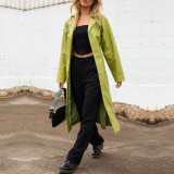 Plain Waist Tie PU Leather Long Coat
