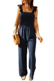 Blue Flutter Sleeve Smocked Wide Leg Jumpsuit