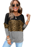 Gray Colorblock Leopard Patchwork Long Sleeve Top