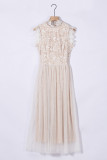 White High Neck Sleeveless Crochet Lace Mesh Lined Evening Dress