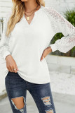 Lace Crochet Sleeves V Neck Waffle Knit Top