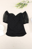 Black Dotted Print Ruched Puff Sleeve Top