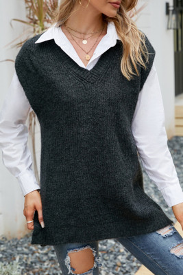 Black V Neck Knit Sweater Vest