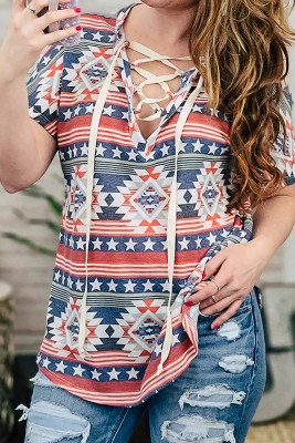 Aztec Print CrissCross Ribbon V Neck Top