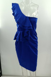 One Shoulder Ruffle Split Slim Dress
