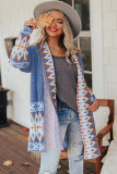 Blue Aztec Print Open Front Knitted Cardigan