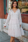 White Split Neck Floral Print Long Sleeve Swing Dress