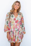 White Boho V Neck Bubble Sleeves Floral Dress
