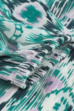 Green Vintage Print Split Neck Blouse