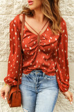 Orange Crisscross Dotted Print Bubble Sleeve Blouse