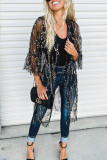 Black Sequin Sheer Long Sleeve Open Front Kimono