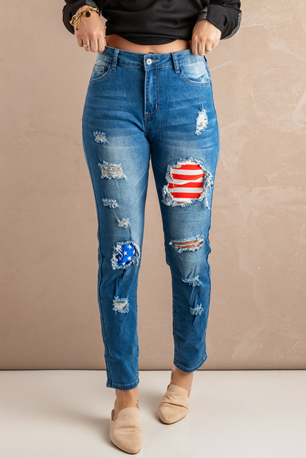 Vintage Stripes and Stars Patches Ripped Jeans