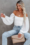 White Solid Swiss Dot Ribbed Puff Sleeve Bodysuit