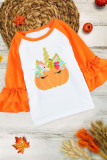 Pumpkin Print Colorblock Ruffled 3/4 Sleeve Girl's Shirt
