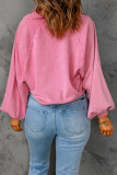 Pink Washed Snap Buttons Lantern Sleeve Pullover Sweatshirt