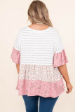 Pink Plus Size Striped Leopard Floral Mixed Prints Top